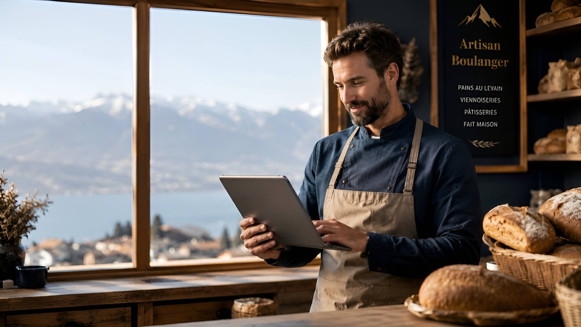 Artisan boulanger consultant son site web sur tablette, vue sur le lac et les montagnes du Chablais
